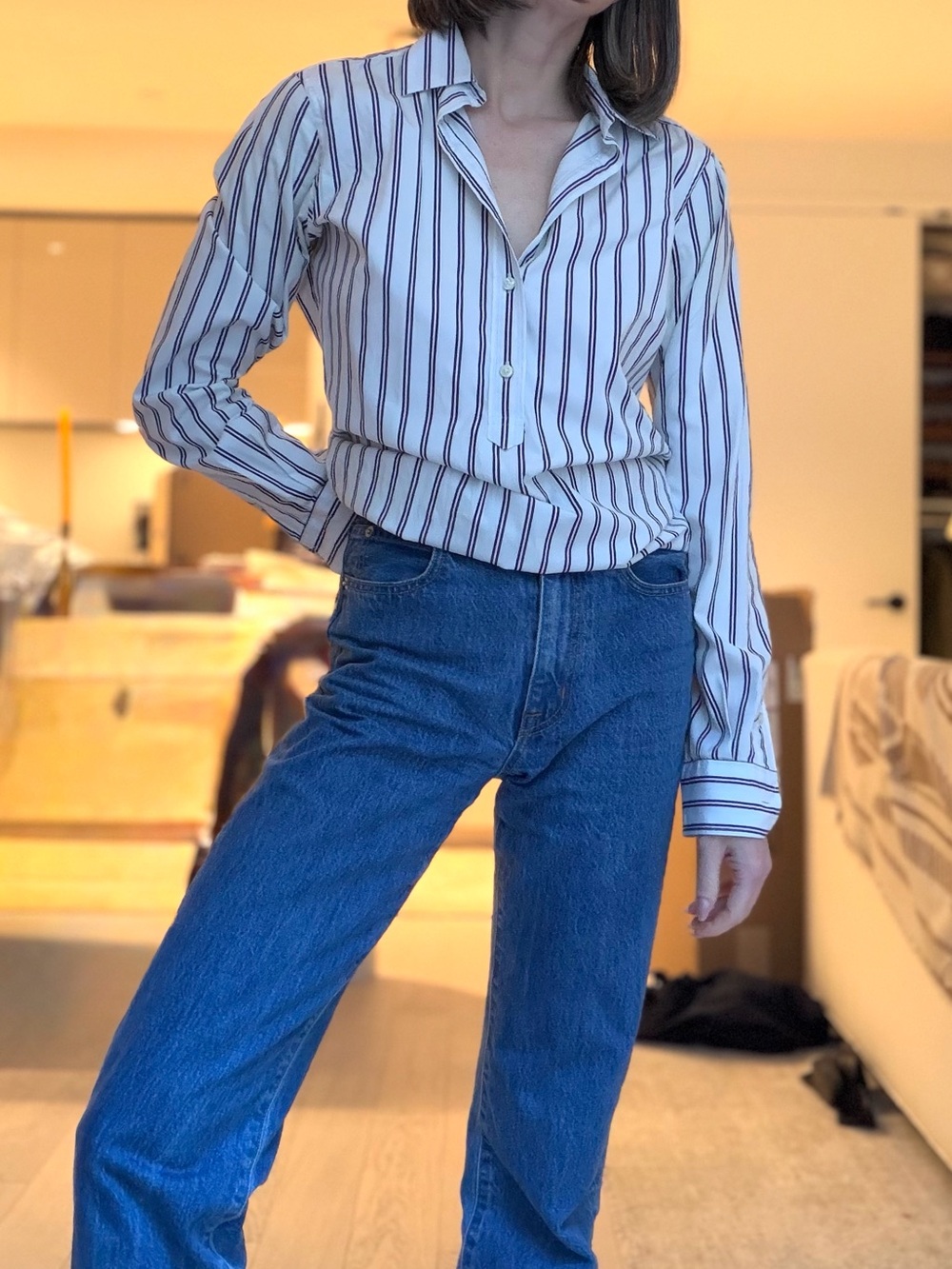 Poplin Striped Half-Button Down Top